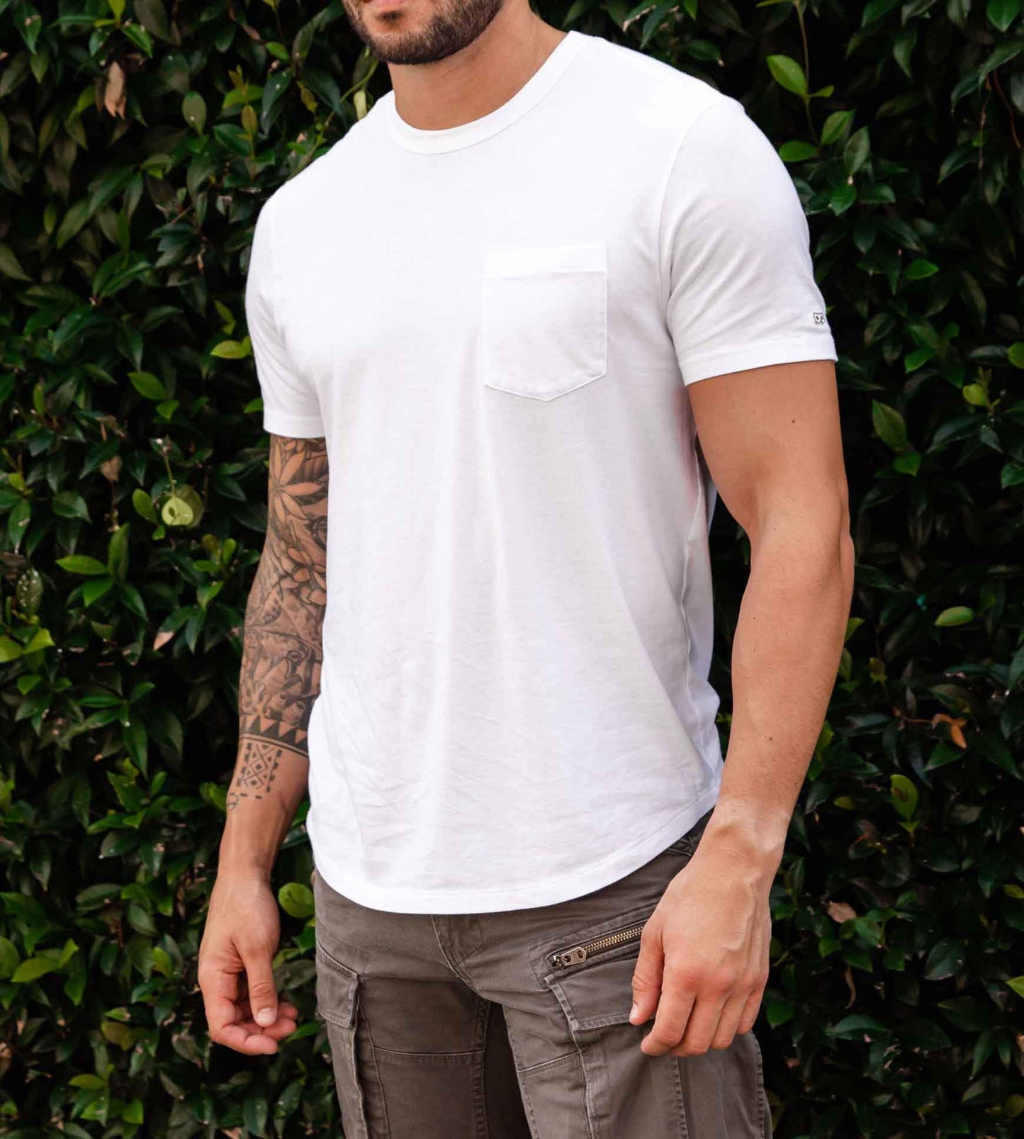 The Classic White Mega Soft Crew Neck Pocket Tee on model