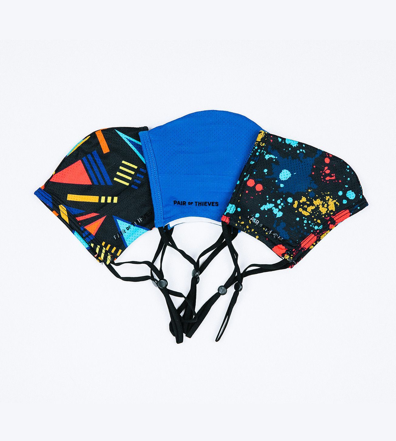 Blue/Black Reusable Masks 3 Pack contains colors Dark slate gray, Whitesmoke, Royal Blue, Tomato, Midnight blue, Sandy brown, Medium turquoise, Dark Gray, Black, Dark olive green