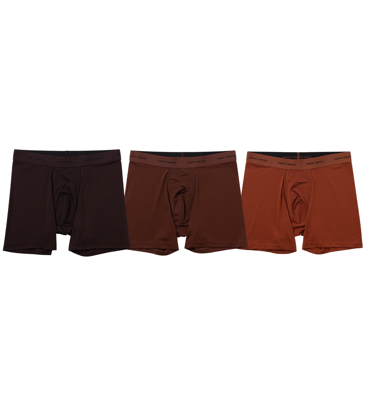 Three-pack of colorful boxer briefs on white background