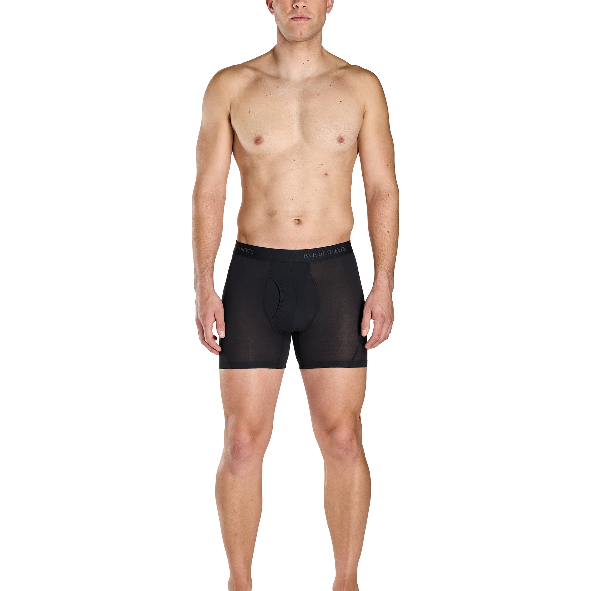 Man wearing black boxer briefs on a white background