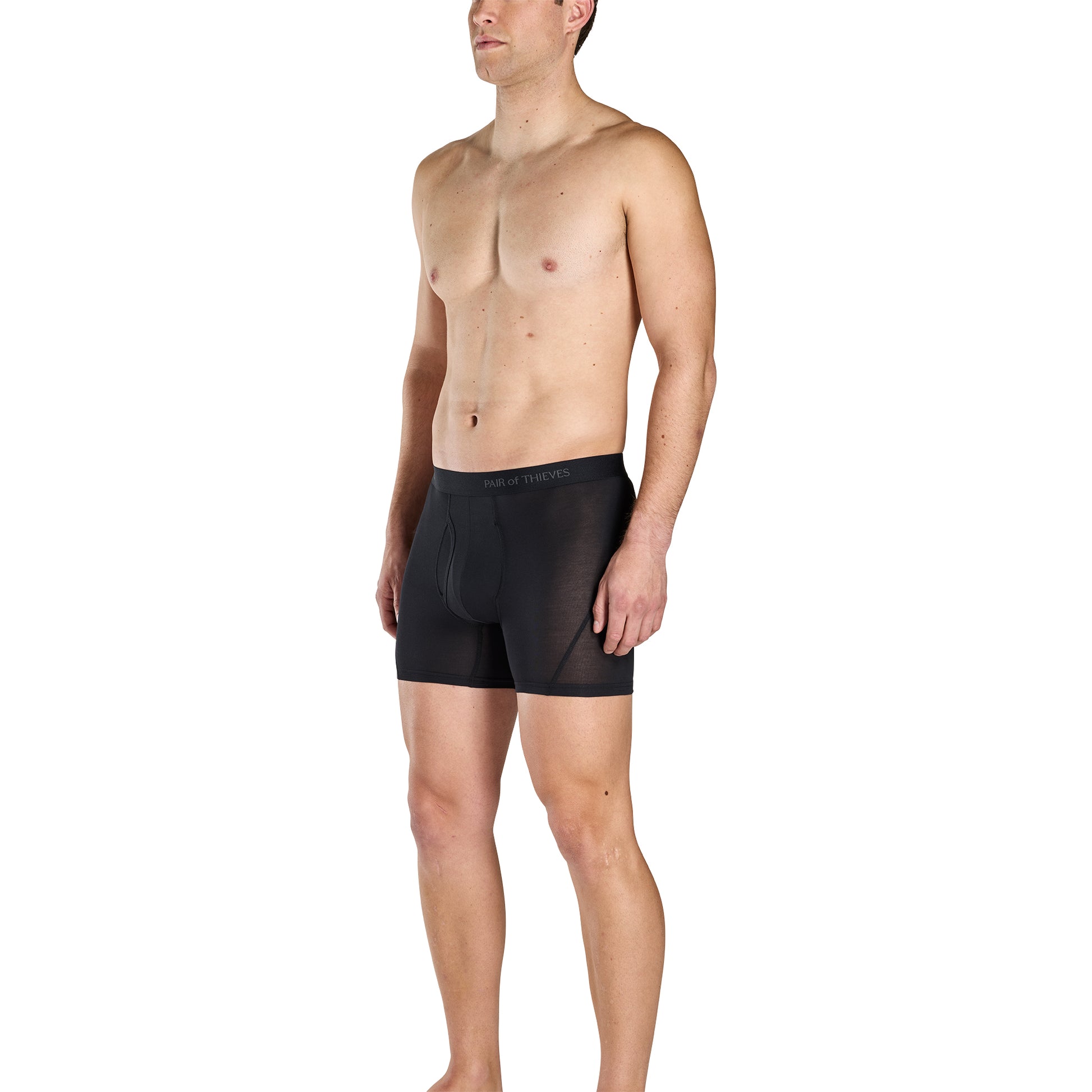Man wearing black boxer briefs on a white background