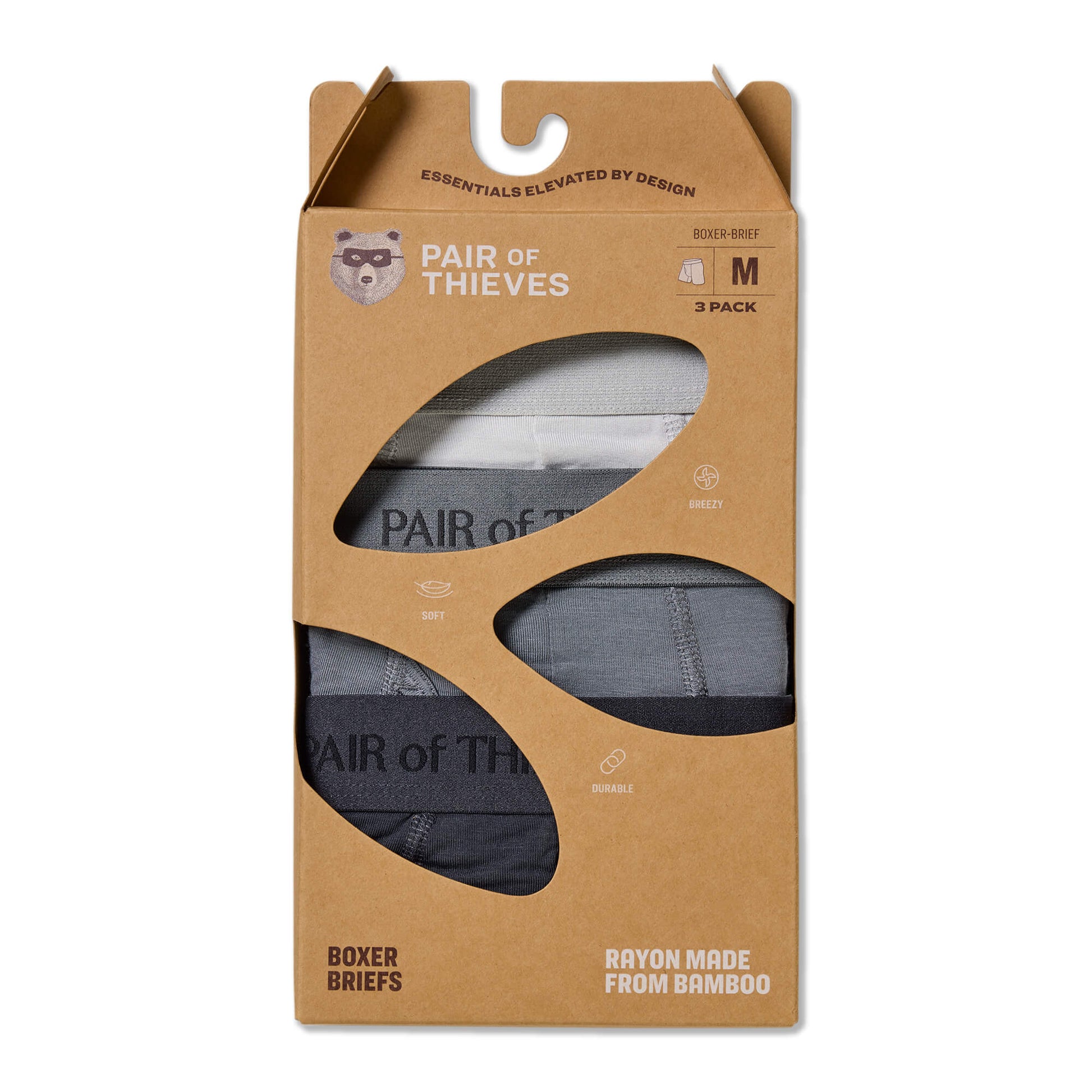 Packaging of 'Pair of Thieves' boxer briefs with a clear window showing the product inside.