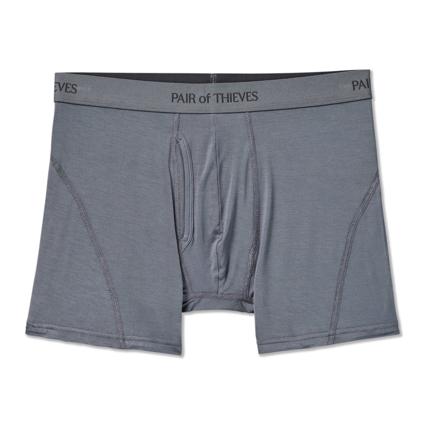 Gray boxer briefs with 'Pair of Thieves' branding on a white background
