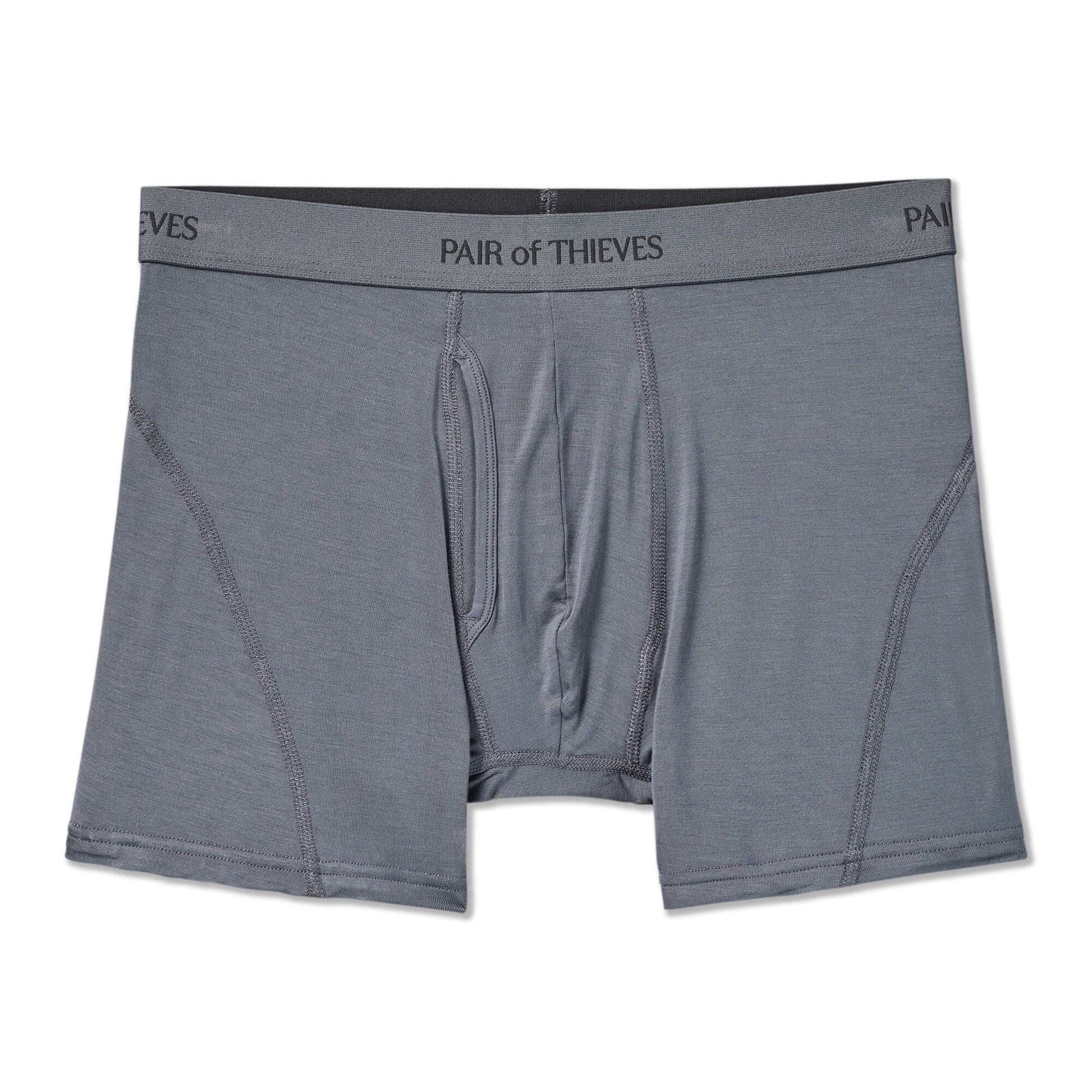 Gray boxer briefs with 'Pair of Thieves' branding on a white background