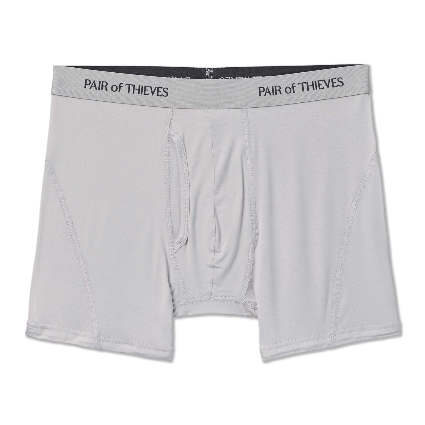 Gray boxer briefs with 'Pair of Thieves' branding on a white background