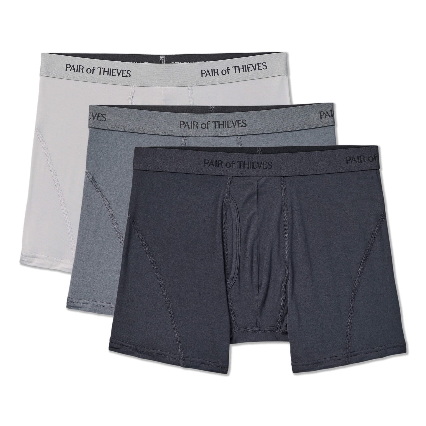 Three pairs of men's boxer briefs from 'Pair of Thieves' on a white background.