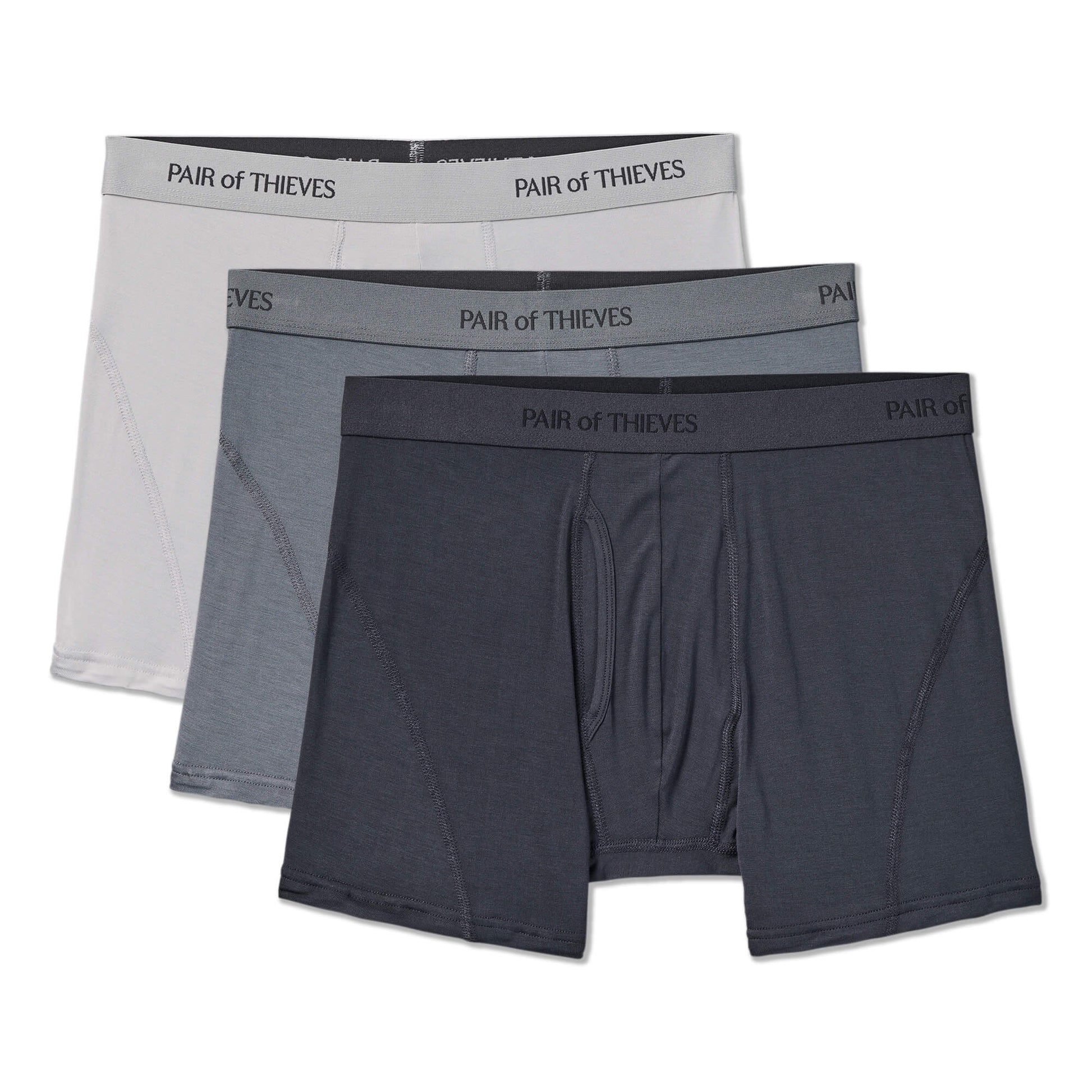 Three pairs of men's boxer briefs from 'Pair of Thieves' on a white background.
