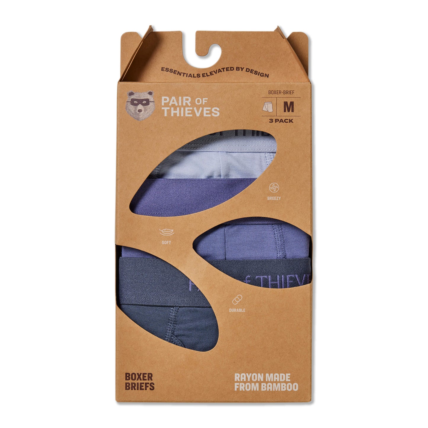 Packaging of Pair of Thieves boxer briefs with a brown cardboard box on a white background.