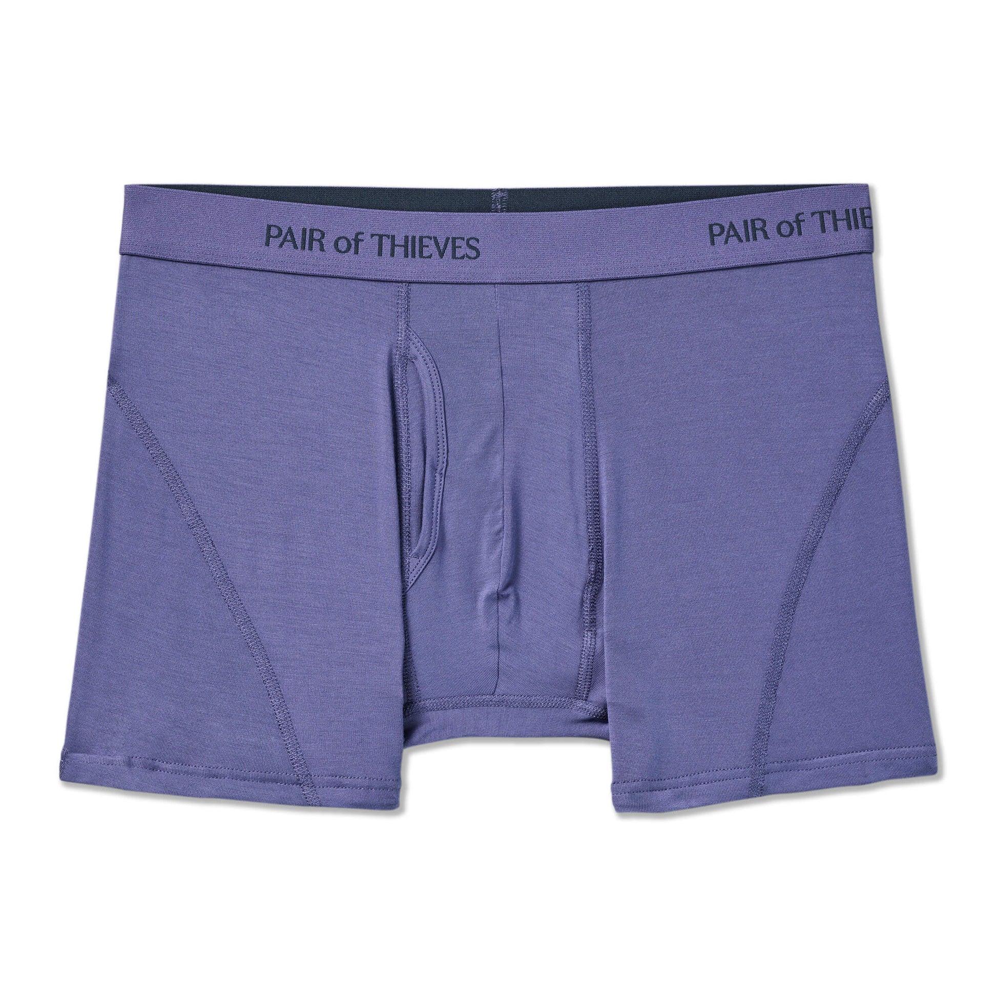 Purple boxer briefs with 'Pair of Thieves' branding on a white background