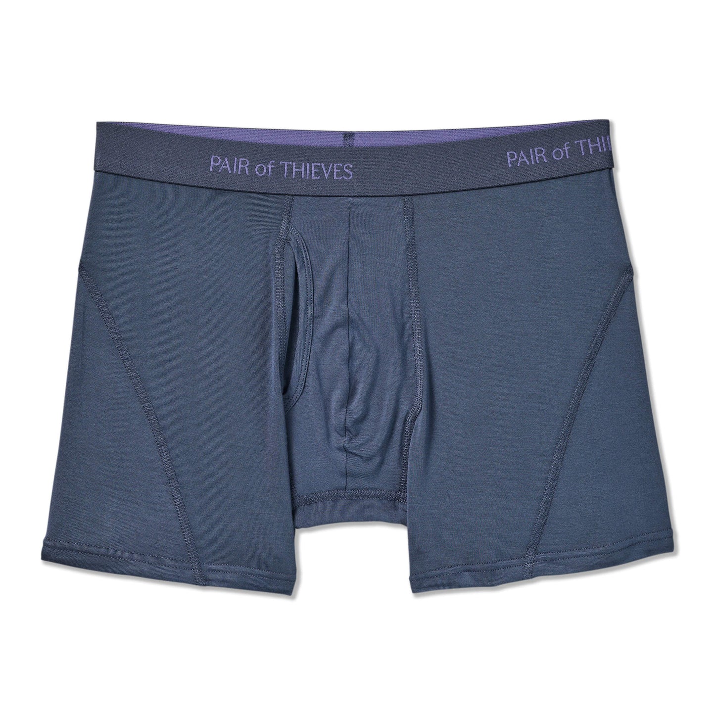 Blue boxer briefs with a visible brand logo on a white background