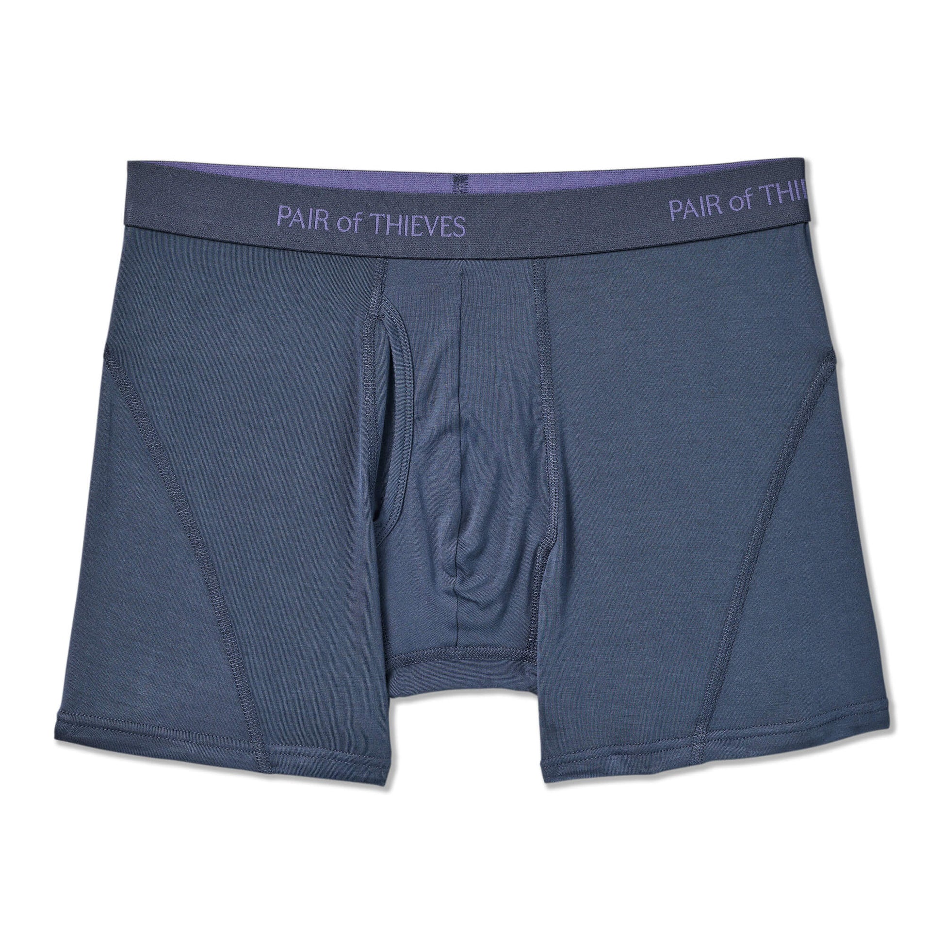 Blue boxer briefs with a visible brand logo on a white background
