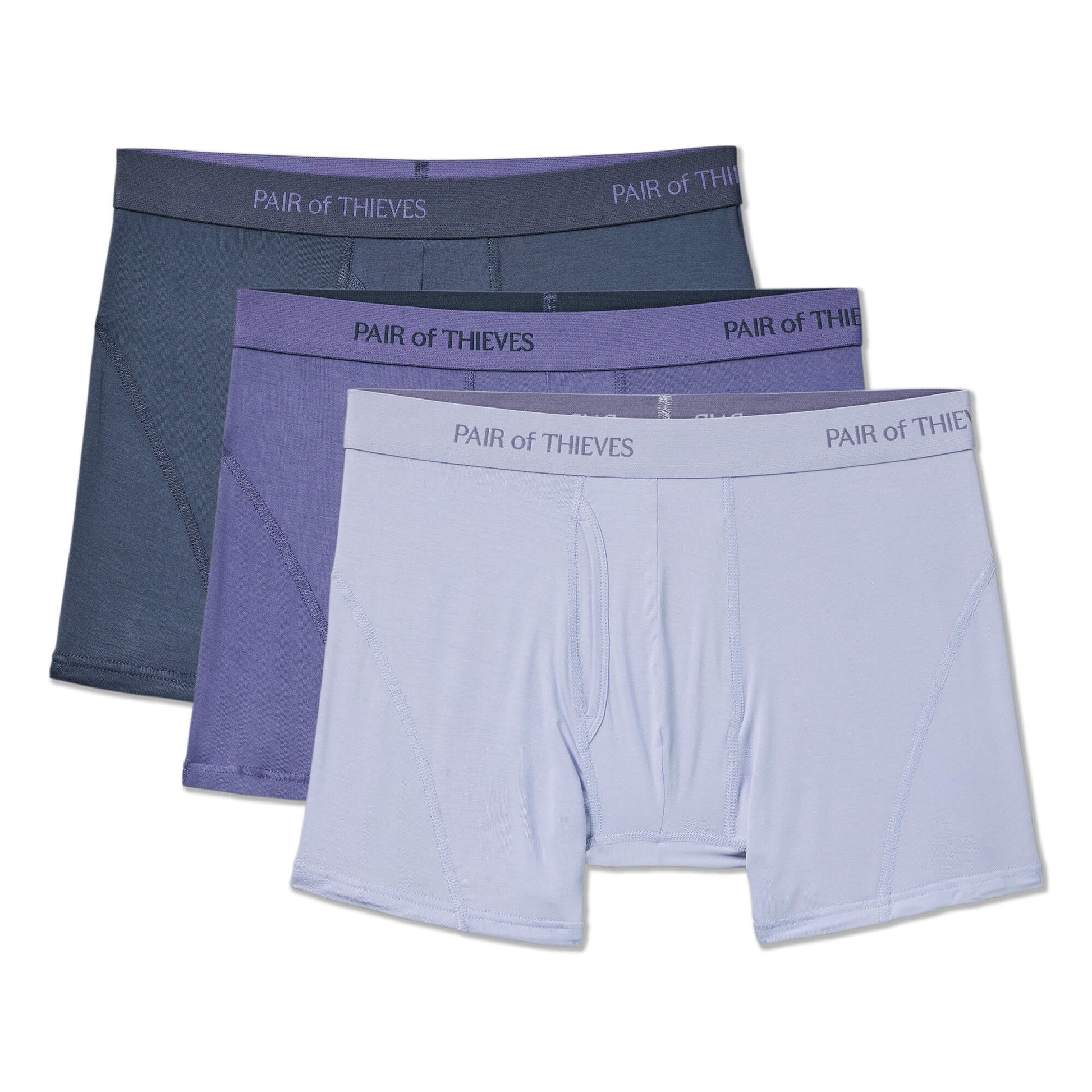 Three pairs of men's underwear with 'Pair of Thieves' branding on a white background.