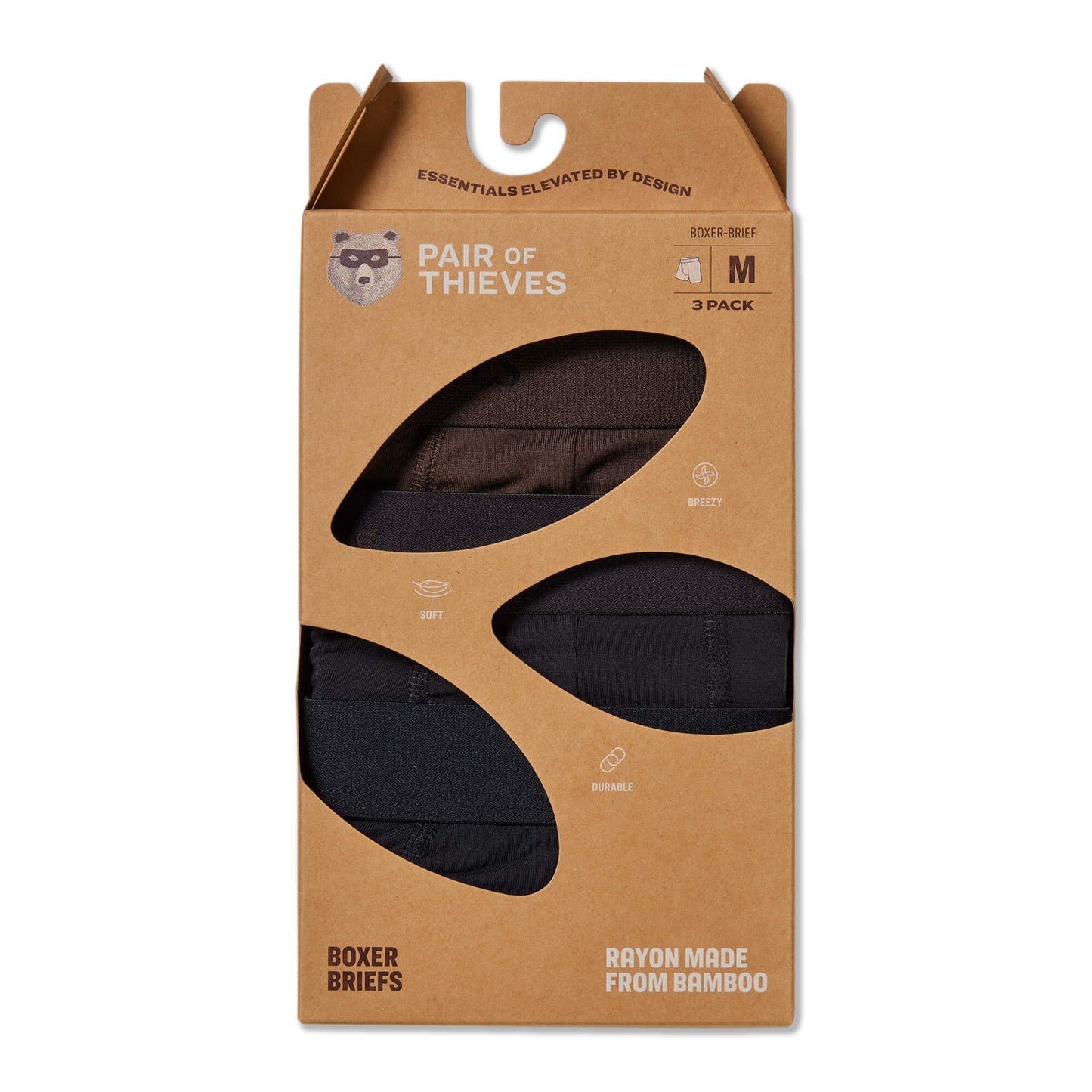 Packaging of 'Pair of Thieves' boxer briefs with a brown cardboard design.