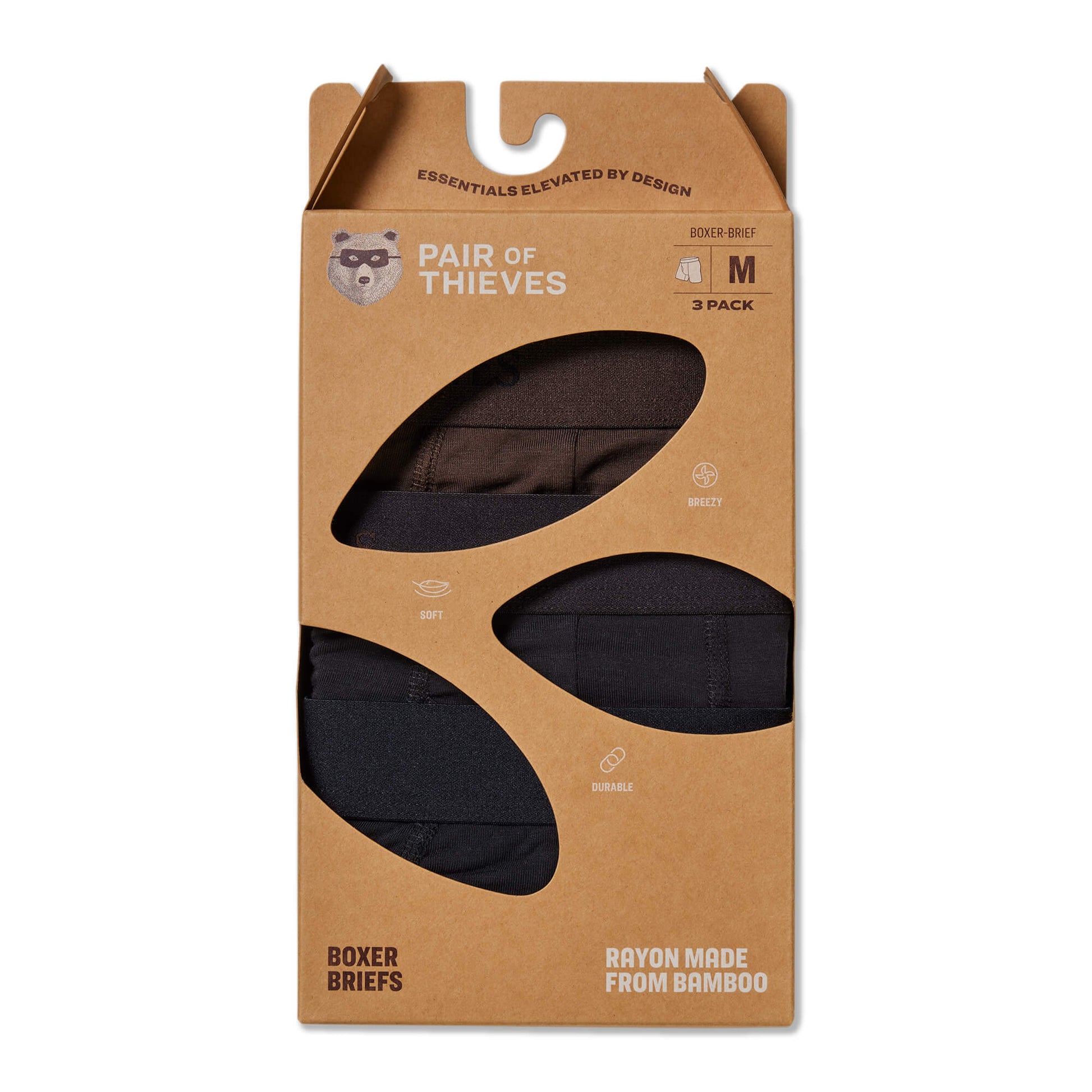 Packaging of 'Pair of Thieves' boxer briefs with a brown cardboard design.