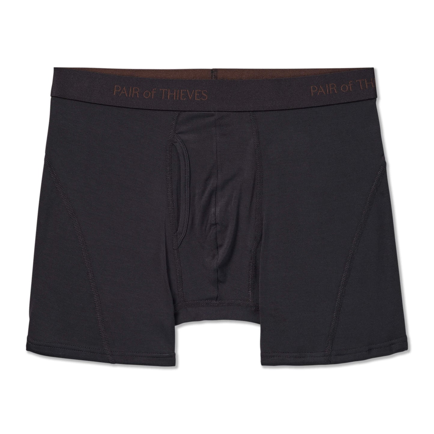 Black boxer briefs with brand logo on waistband against a white background