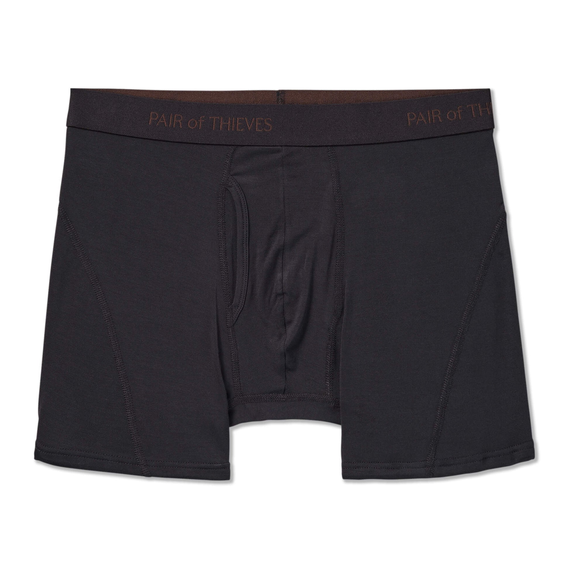 Black boxer briefs with brand logo on waistband against a white background