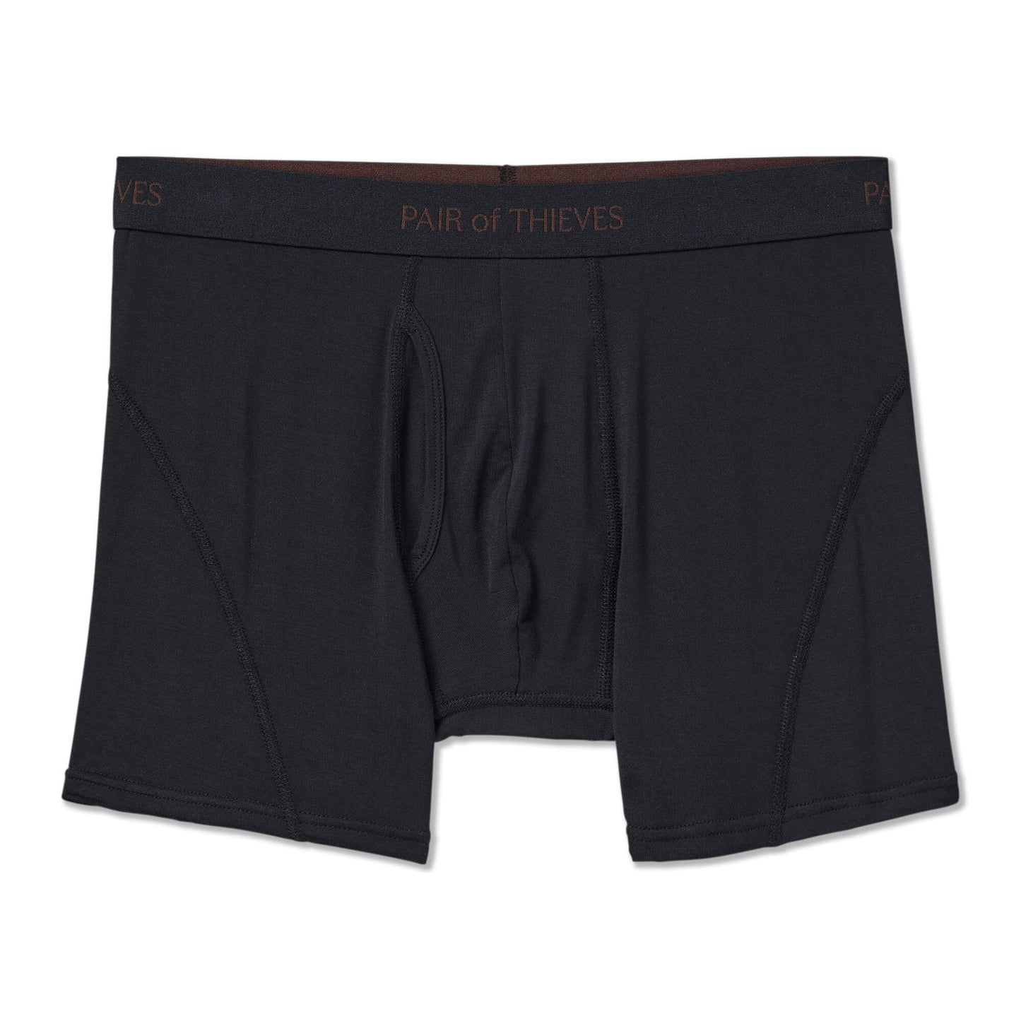 Black boxer briefs with brand logo on waistband against a white background