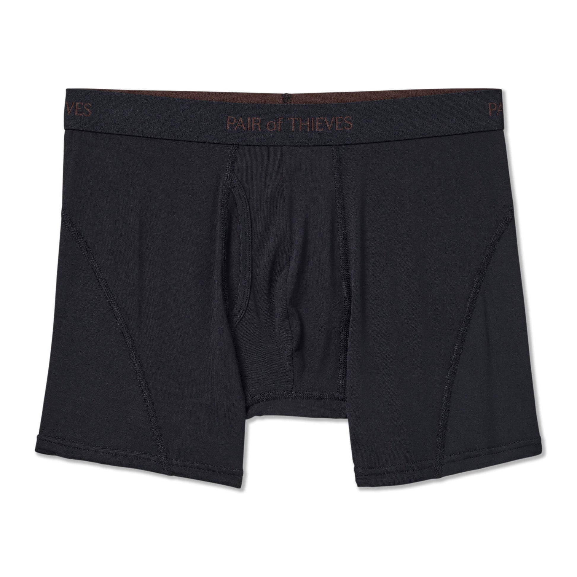 Black boxer briefs with brand logo on waistband against a white background