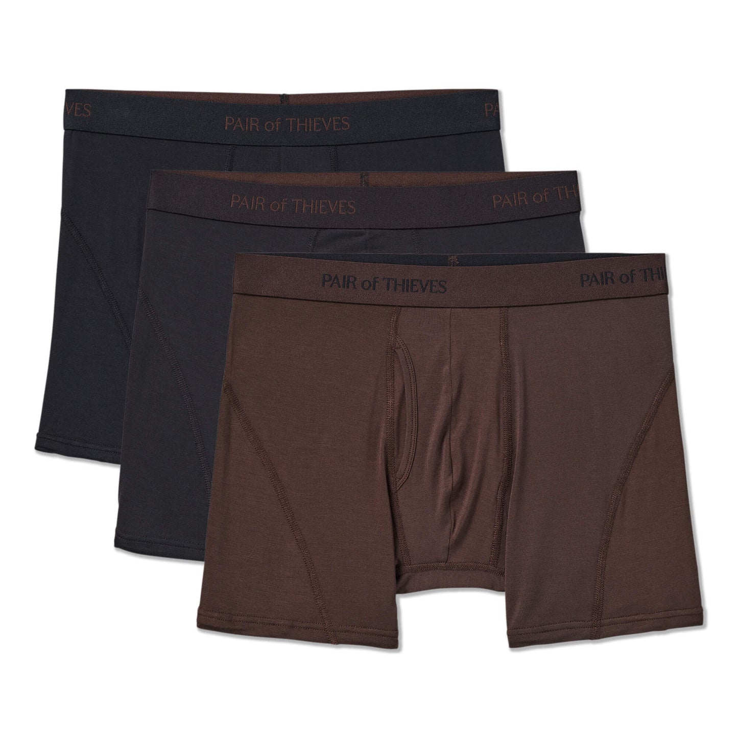Three pairs of men's underwear in black and brown with 'Pair of Thieves' branding on a white background.