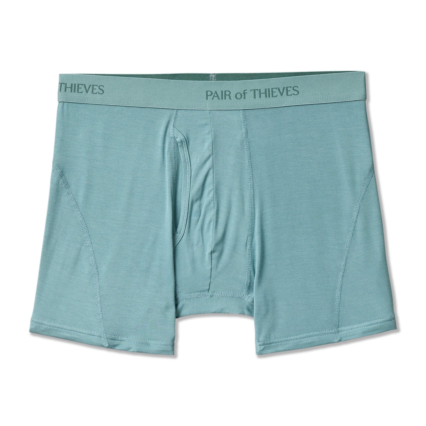 Teal men's underwear with 'Pair of Thieves' branding on a white background