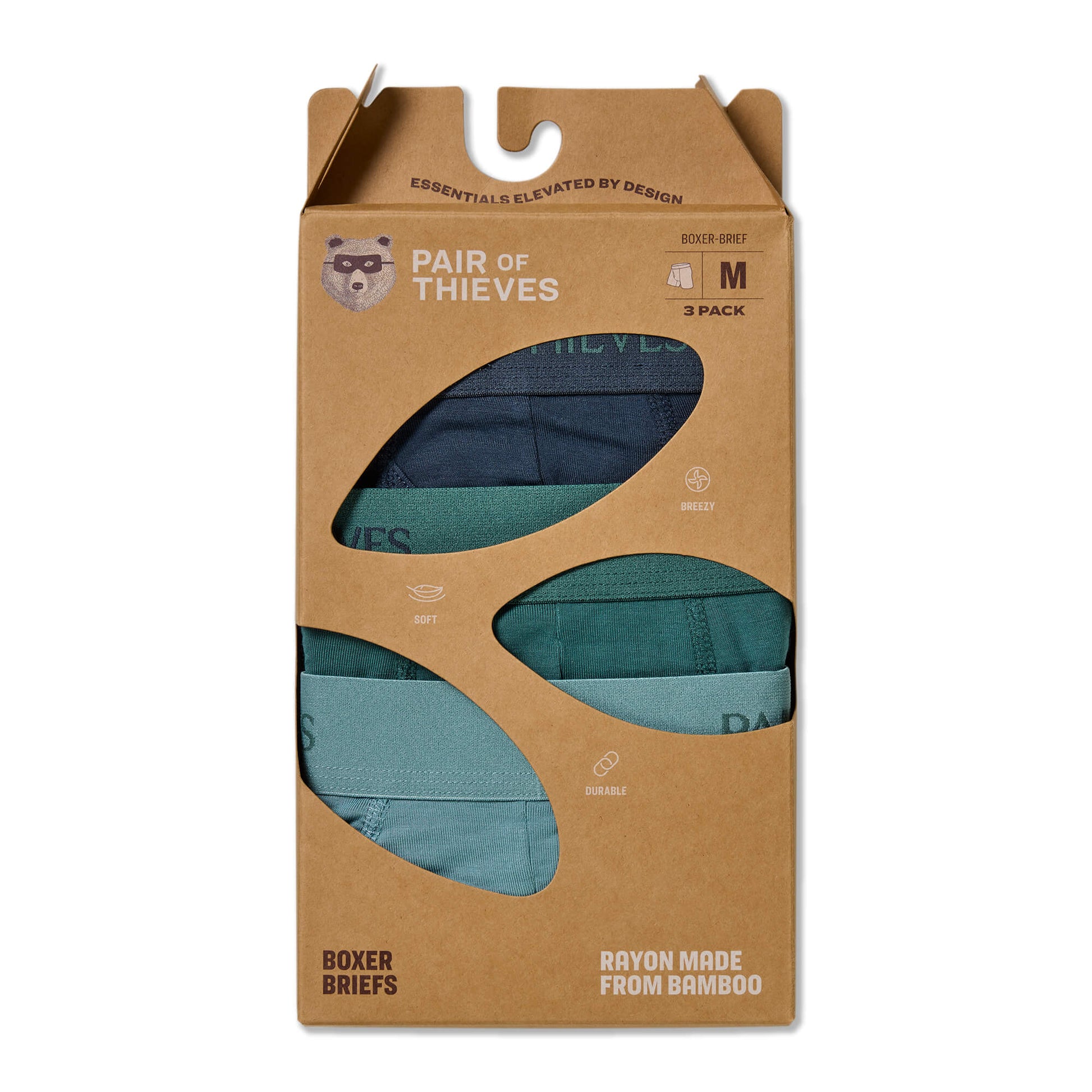 Packaging of Pair of Thieves boxer briefs with brown cardboard and cut-out windows showing teal underwear.