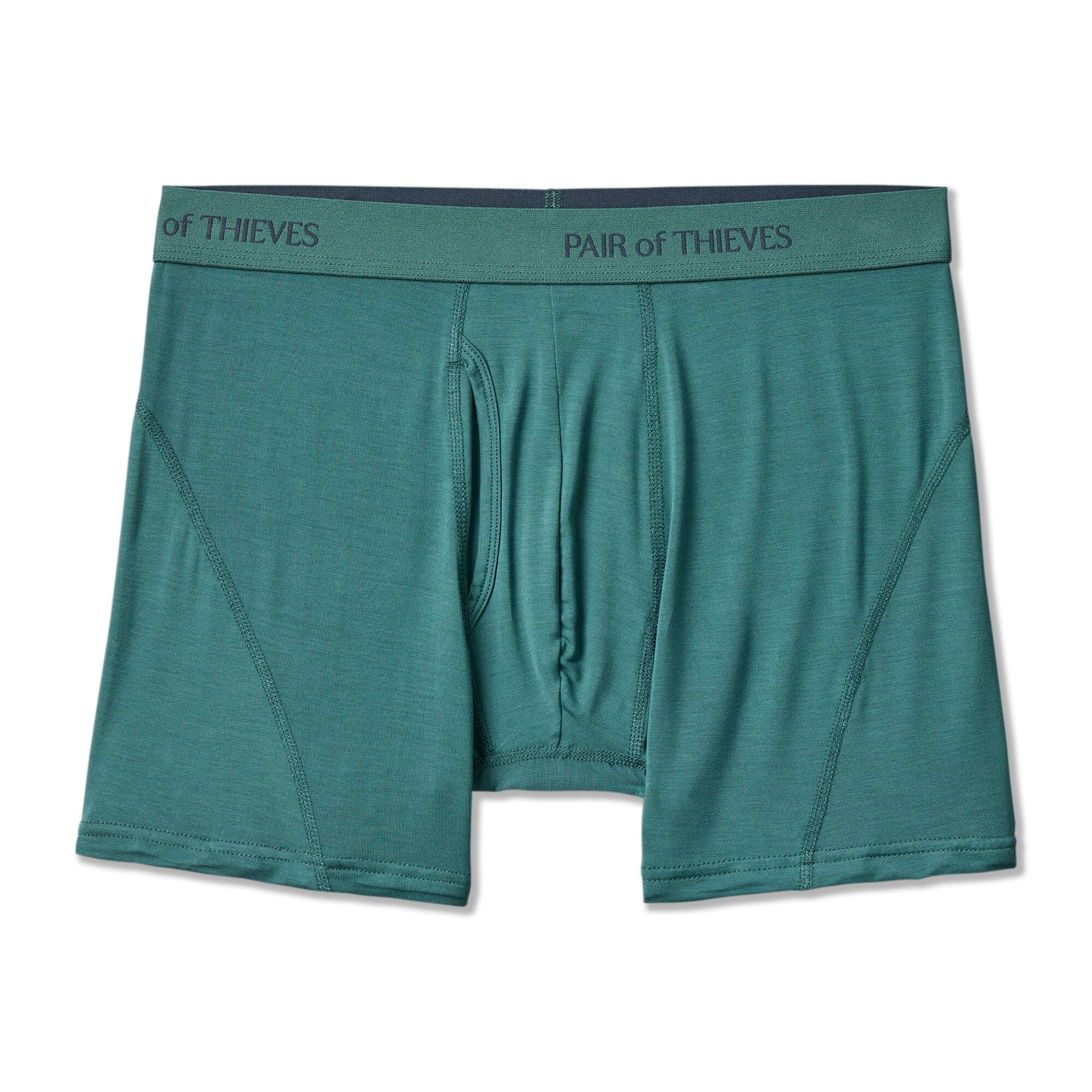 Teal boxer briefs with 'Pair of Thieves' branding on a white background