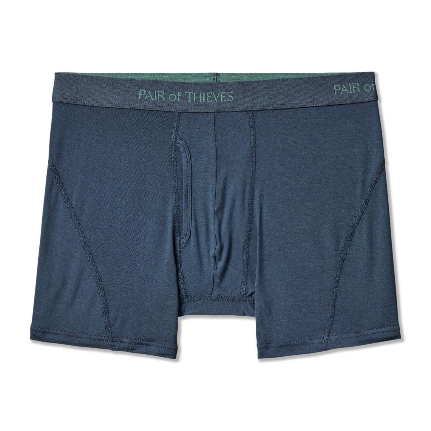 Blue boxer briefs with a visible brand logo on a white background