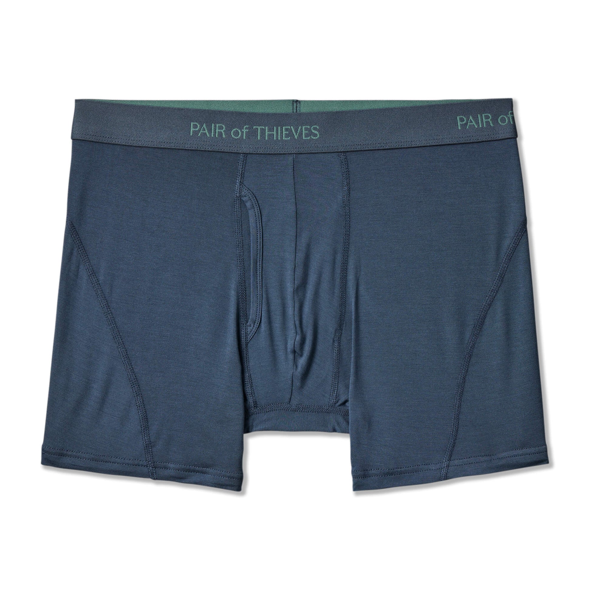 Blue boxer briefs with a visible brand logo on a white background