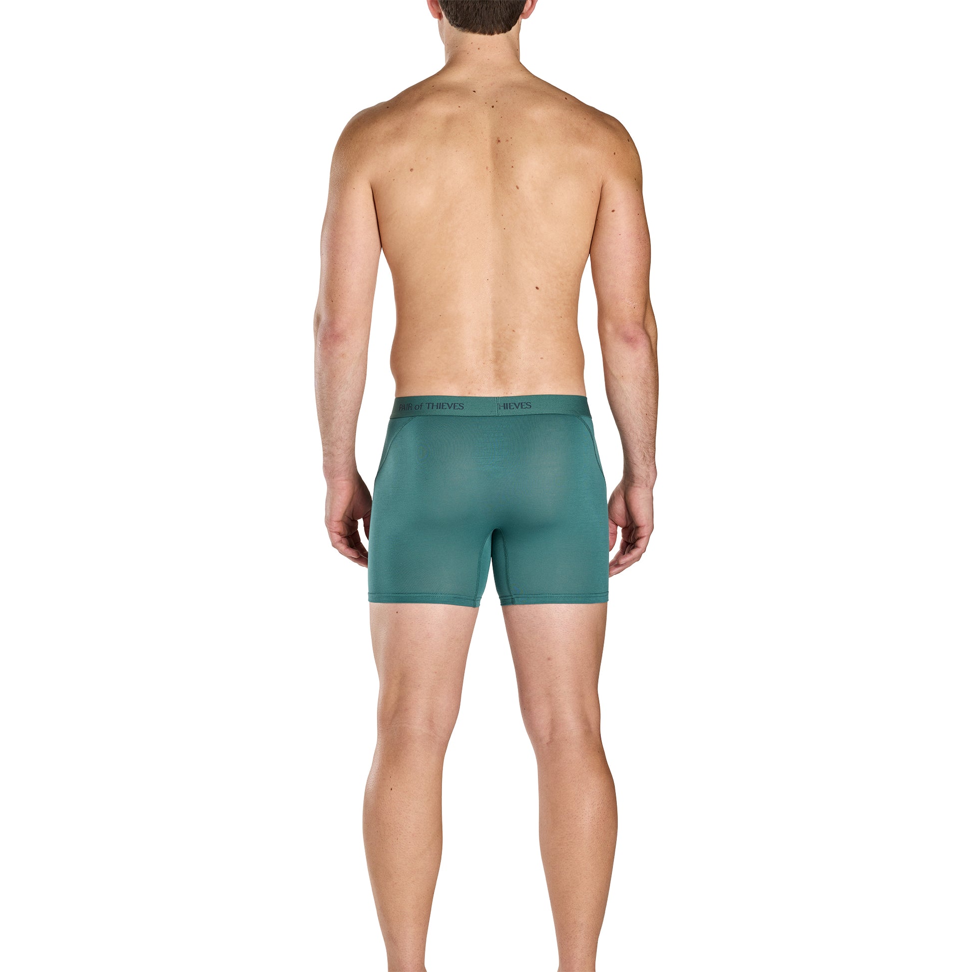 Man wearing teal boxer briefs on a white background