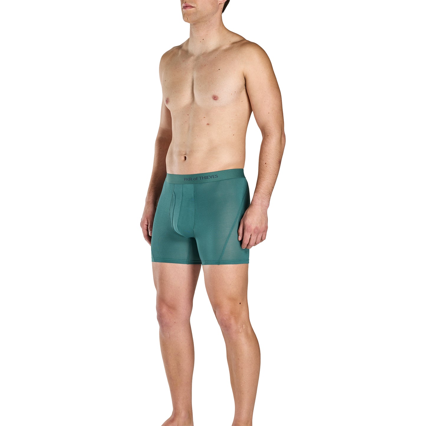 Man wearing teal boxer briefs on a white background