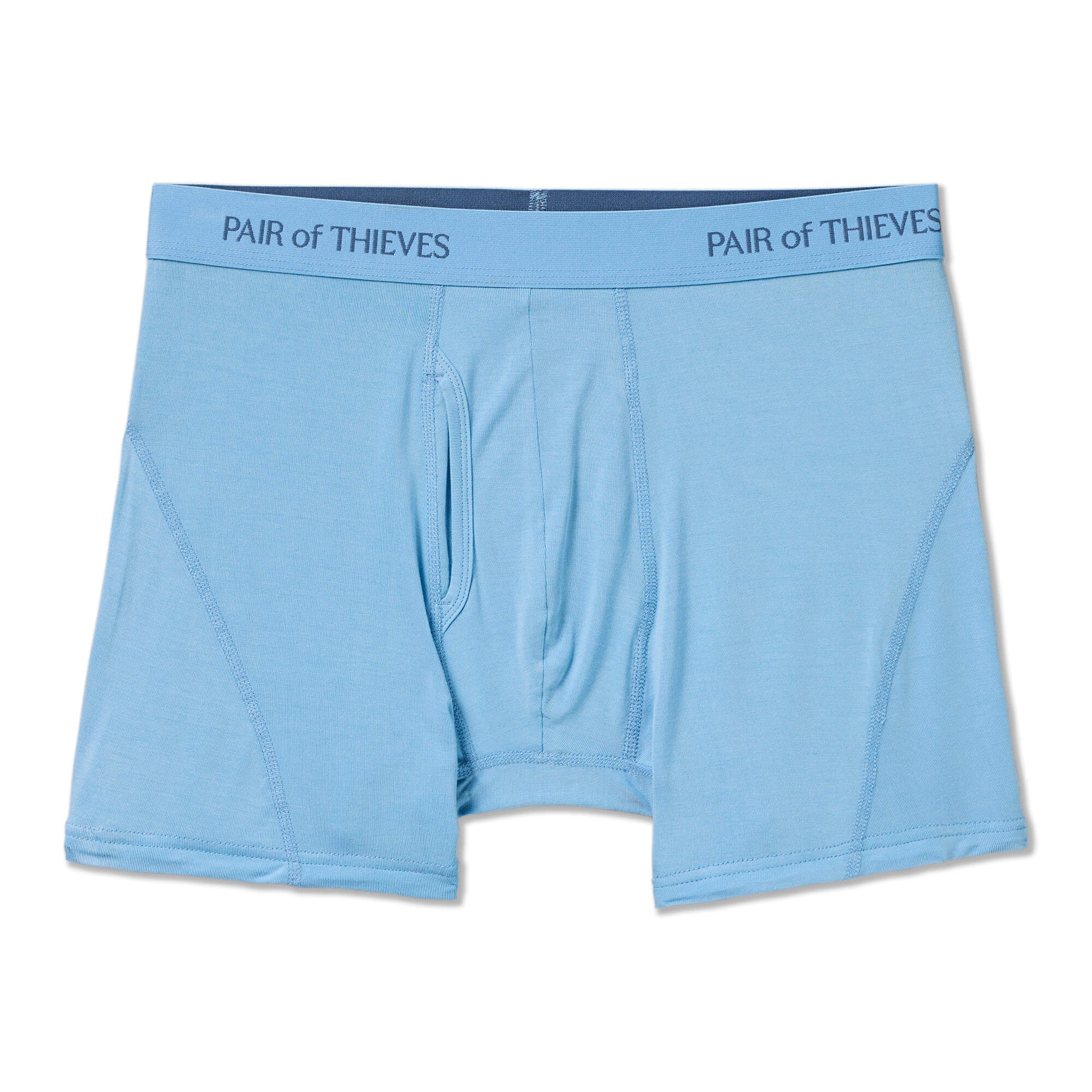 Light blue boxer briefs with 'Pair of Thieves' waistband on a white background