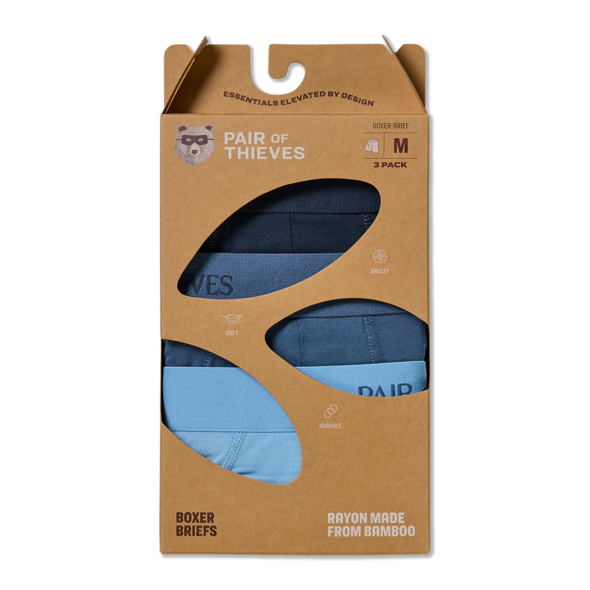 Packaging of Pair of Thieves boxer briefs with brown cardboard and blue underwear inside.