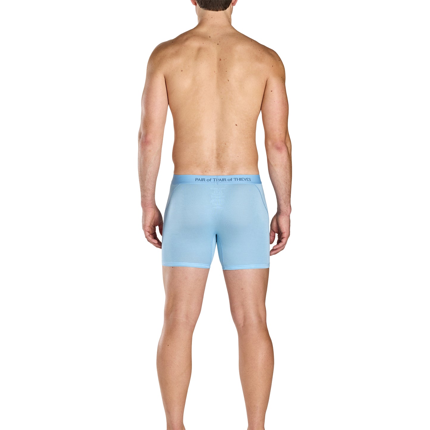 Man wearing light blue boxer briefs on a white background