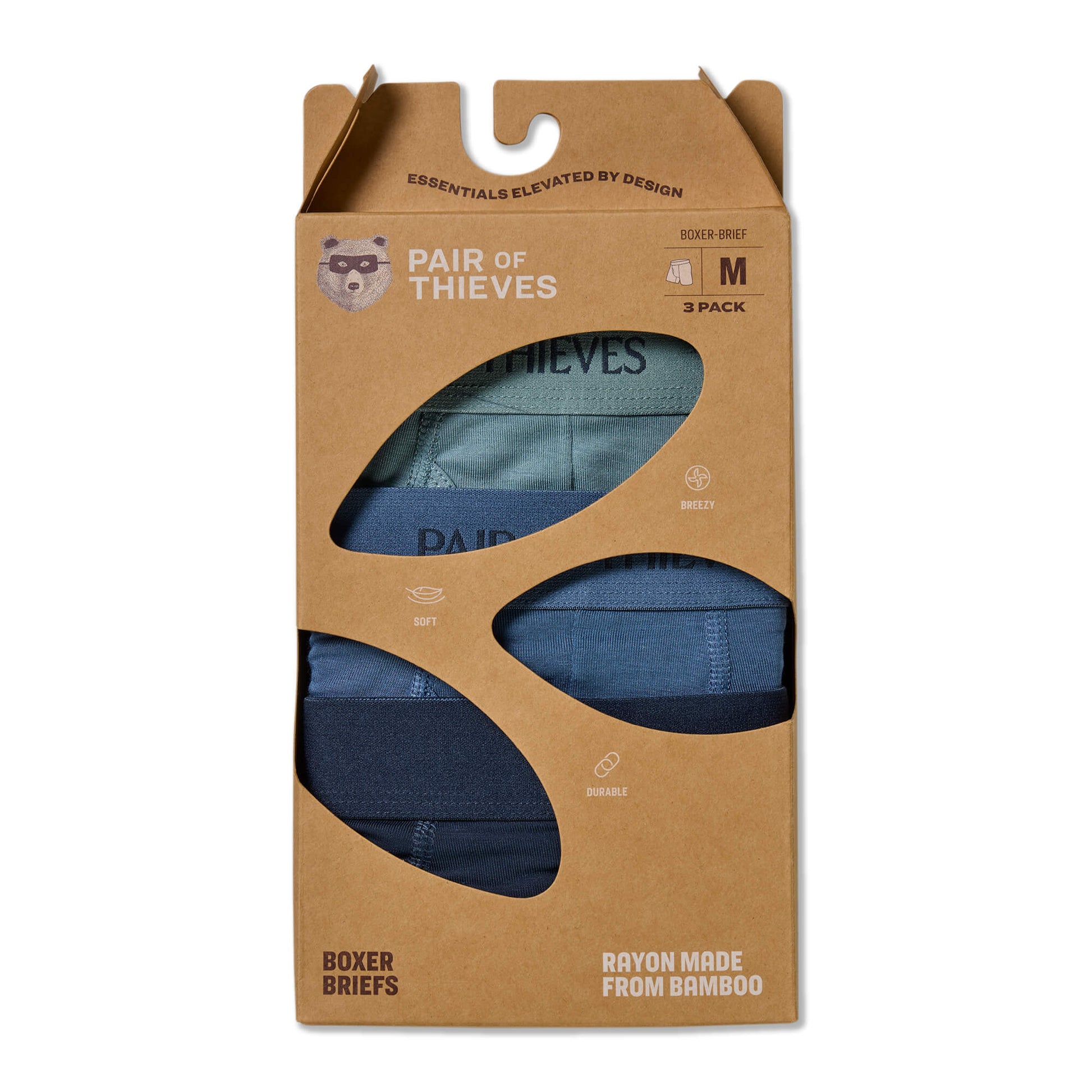 Packaging of 'Pair of Thieves' boxer briefs with a clear window showing the product.