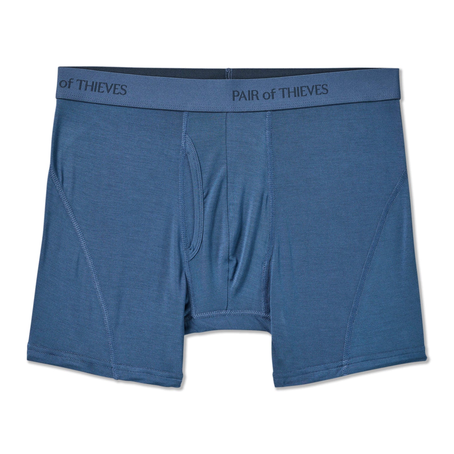 Blue boxer briefs with 'Pair of Thieves' branding on a white background