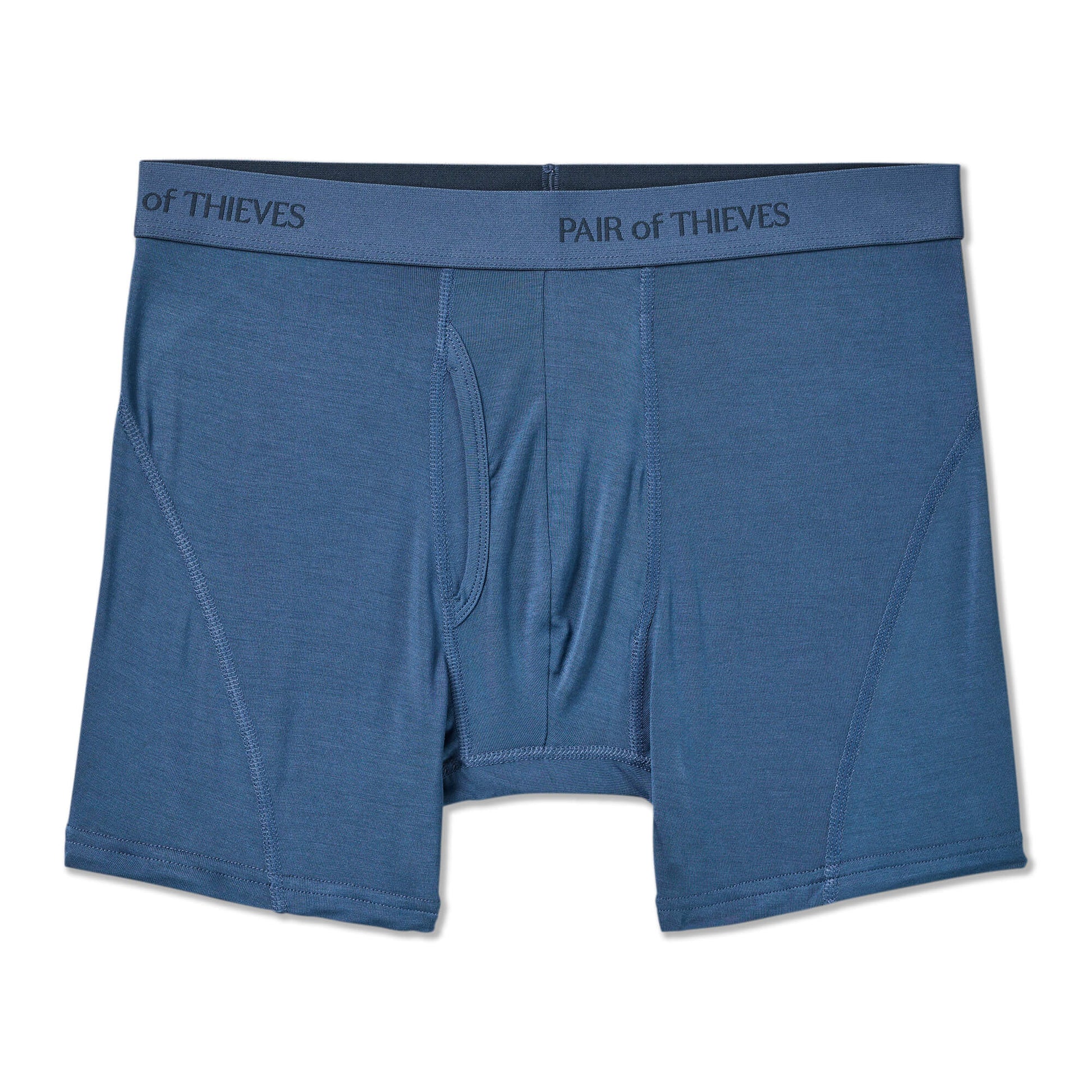 Blue boxer briefs with 'Pair of Thieves' branding on a white background
