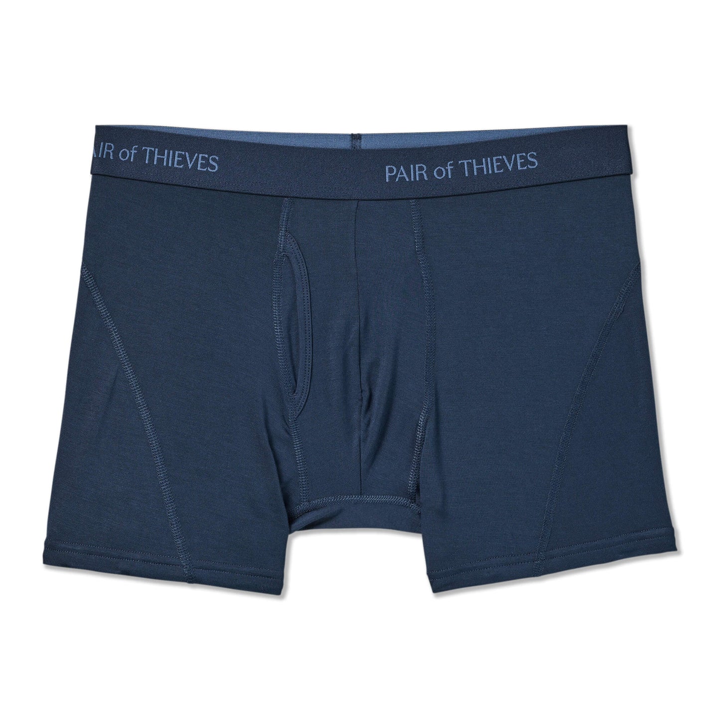 Navy blue boxer briefs with 'Pair of Thieves' branding on a white background