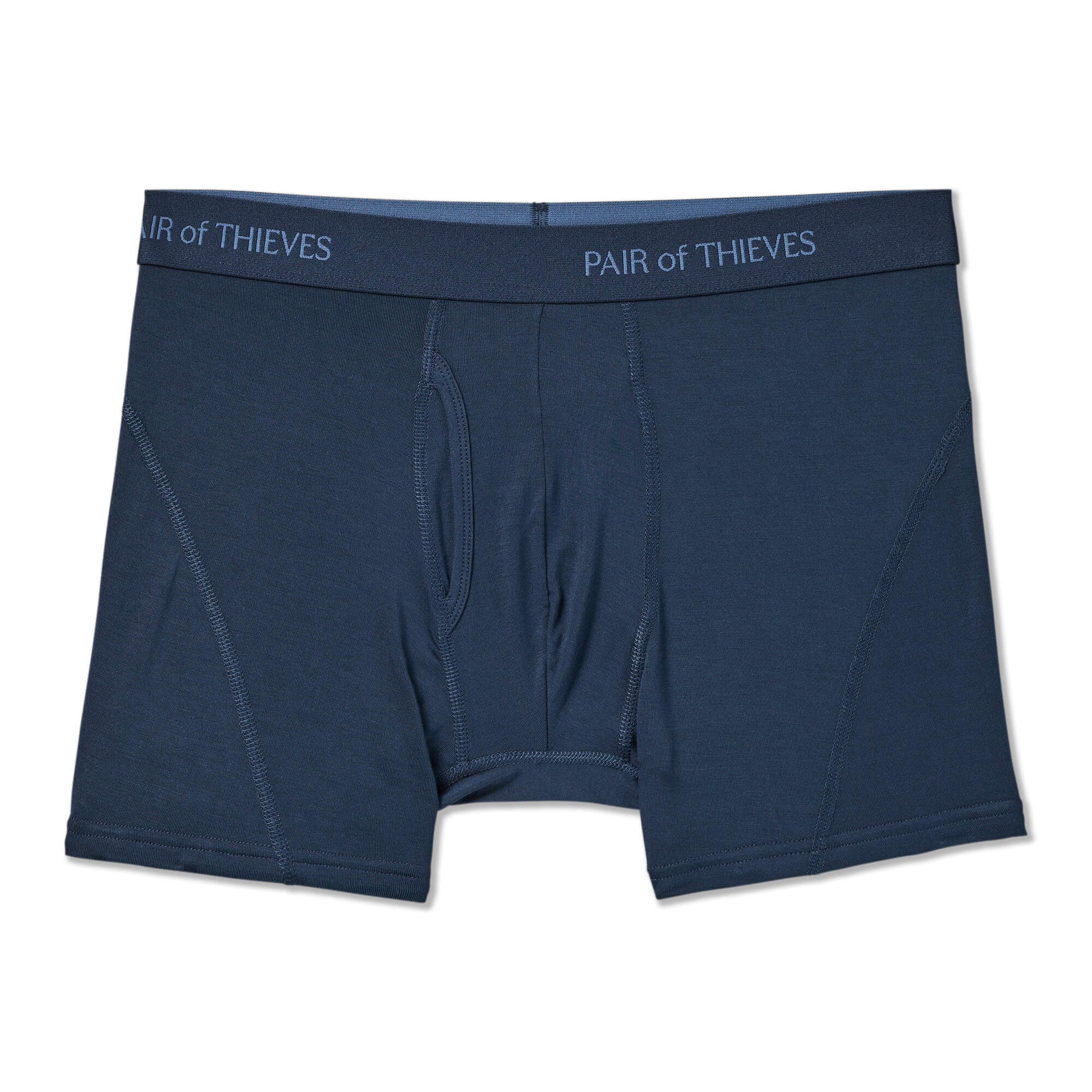 Navy blue boxer briefs with 'Pair of Thieves' branding on a white background