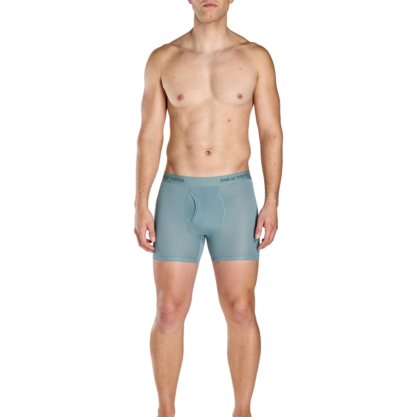 Man wearing light blue boxer briefs on a white background