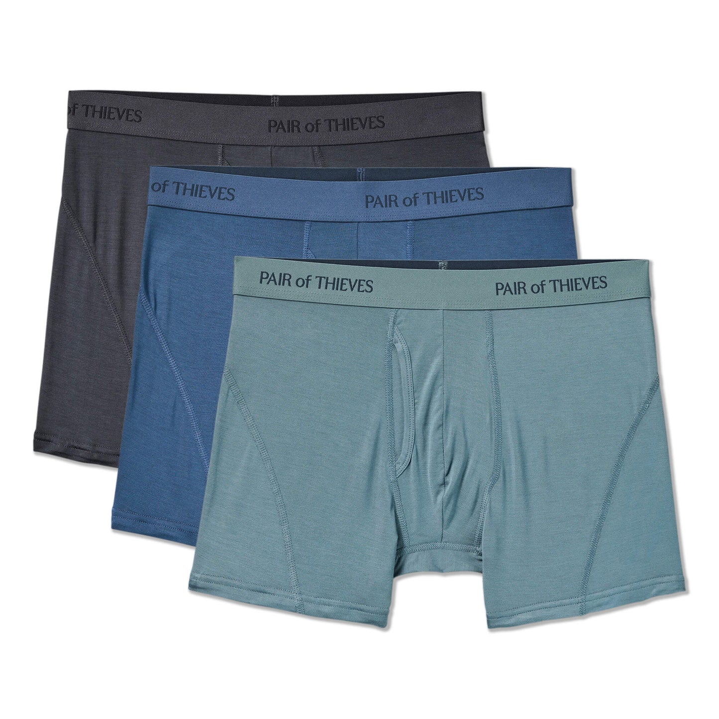 Three pairs of men's boxer briefs in gray, blue, and green with 'Pair of Thieves' branding on a white background.