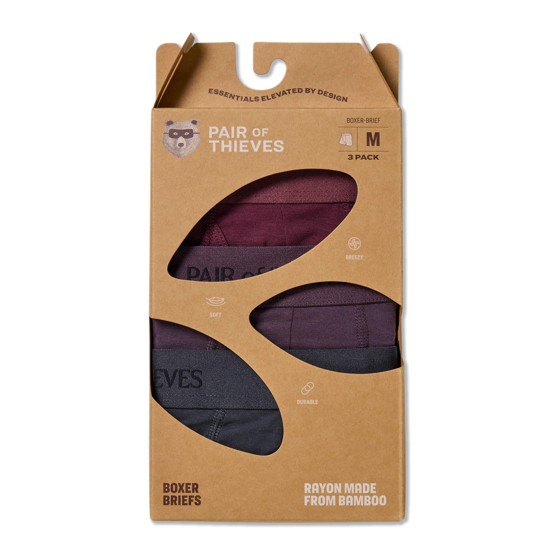 Packaging of Pair of Thieves boxer briefs with a brown cardboard box on a white background