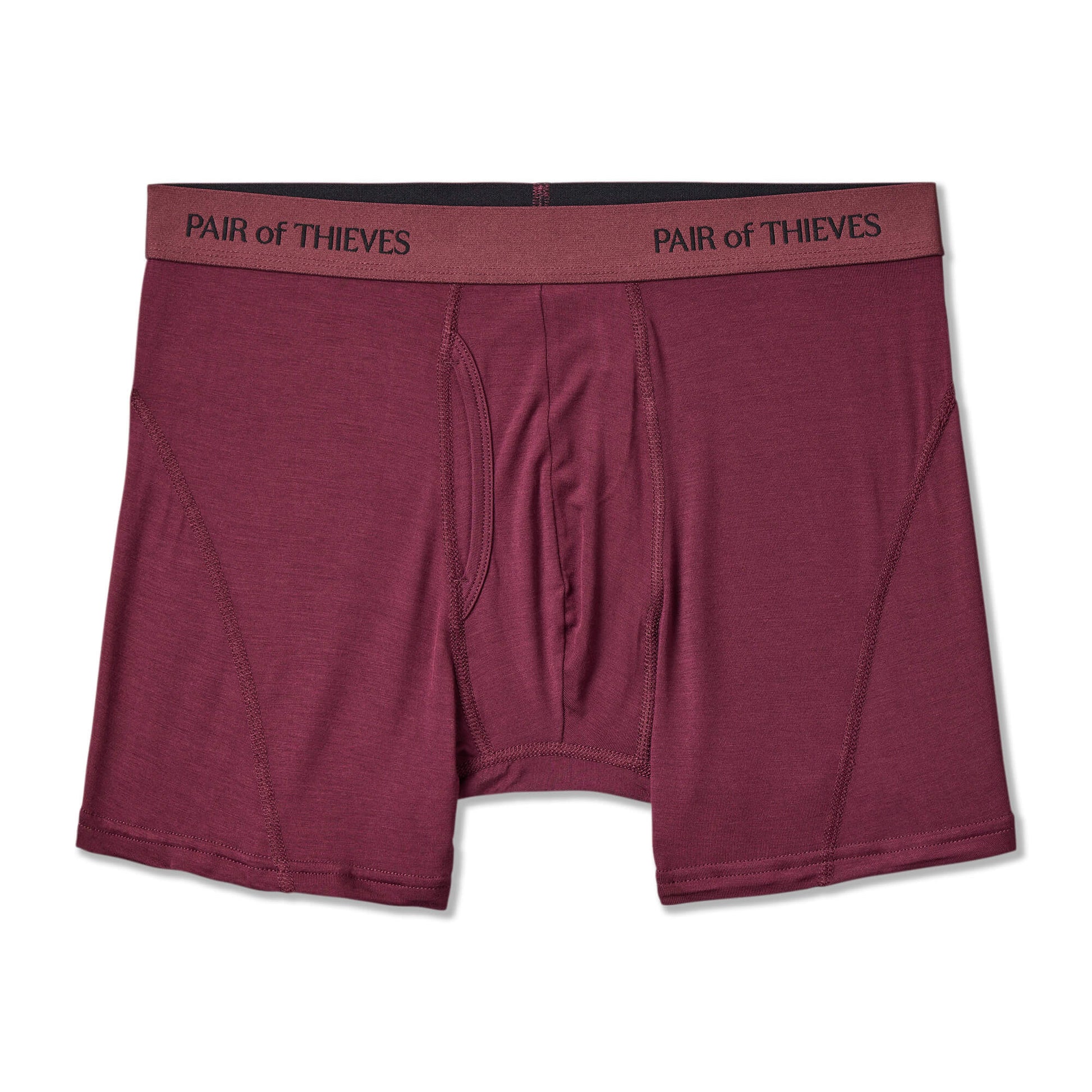 Maroon boxer briefs with 'Pair of Thieves' branding on a white background