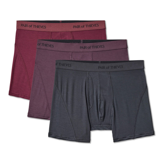 Three pairs of men's underwear from 'Pair of Thieves' on a white background