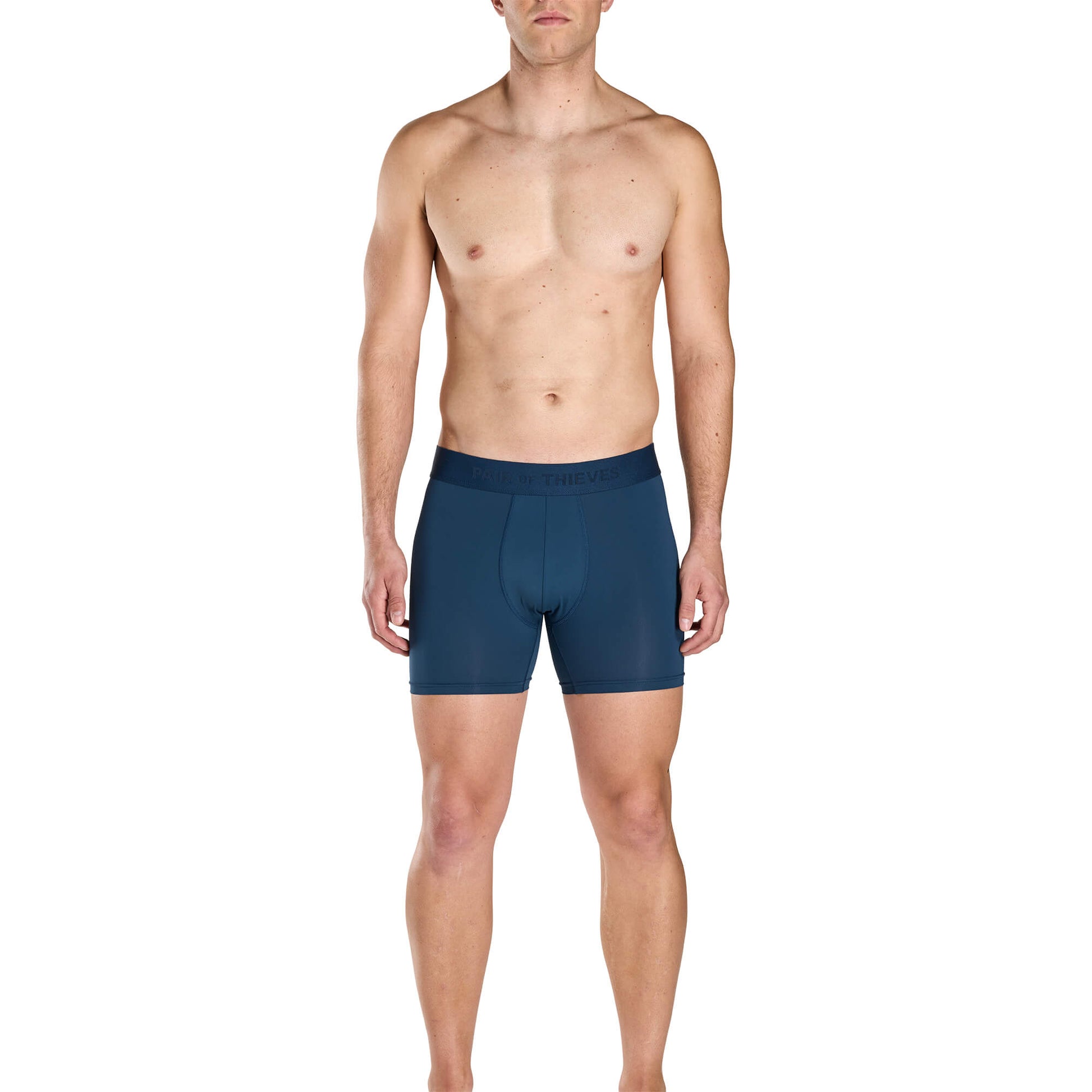 Man wearing blue SuperFit Pouch boxer briefs on a white background.