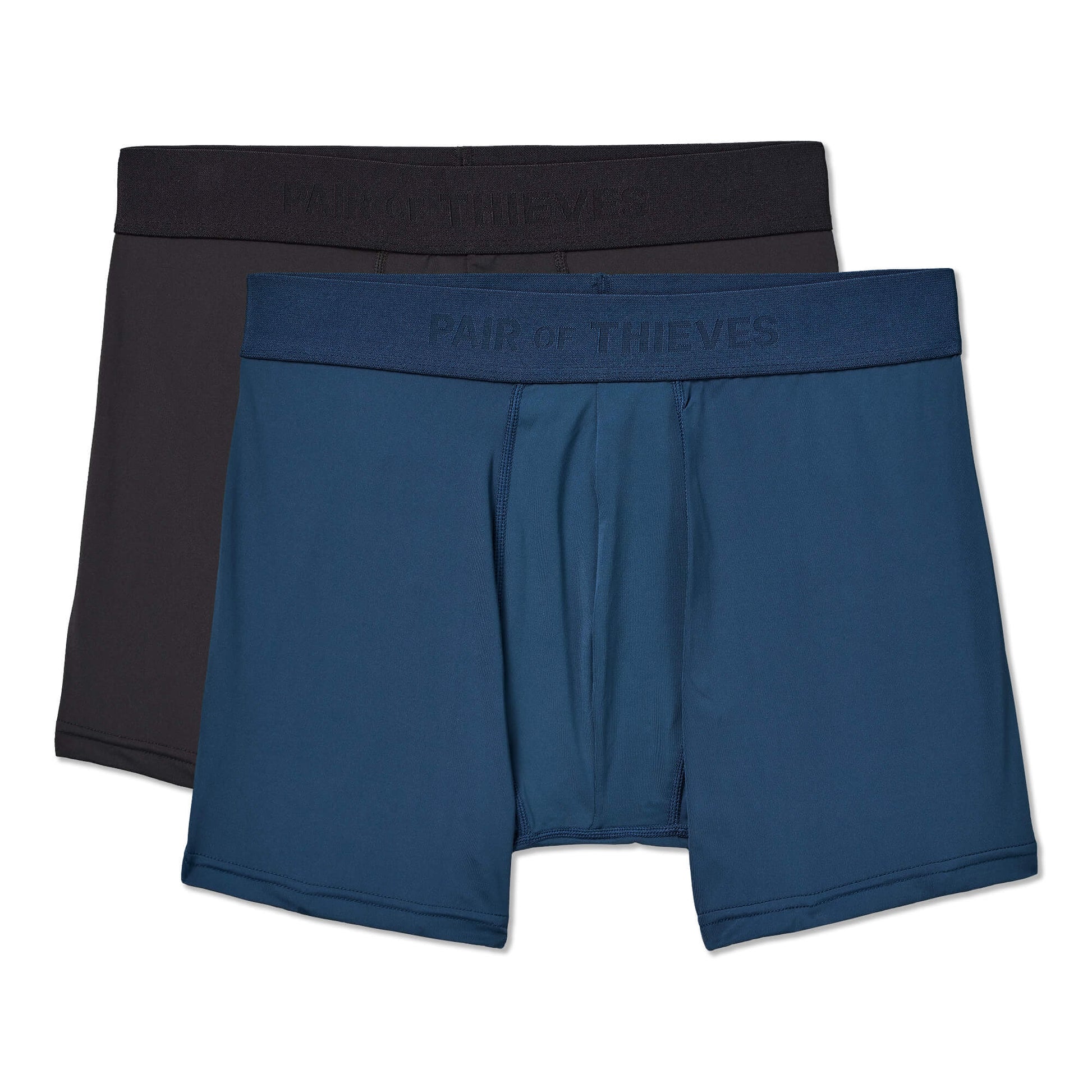 Two pairs of SuperFit Pouch underwear, one black and one blue, with 'Pair of Thieves' branding on a white background.