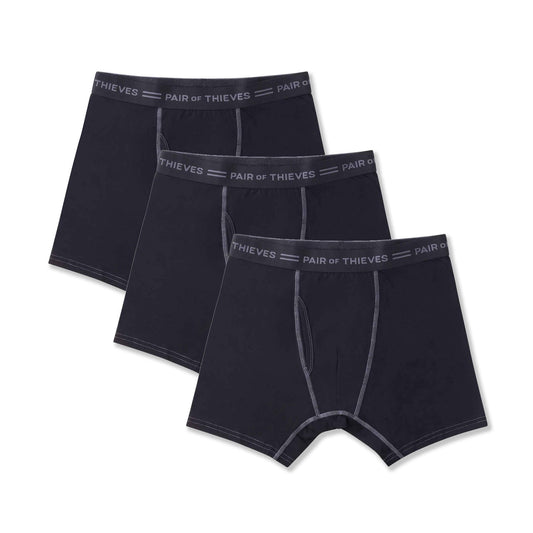 Three pairs of 4-way stretch cotton boxer briefs with a brand logo on a white background