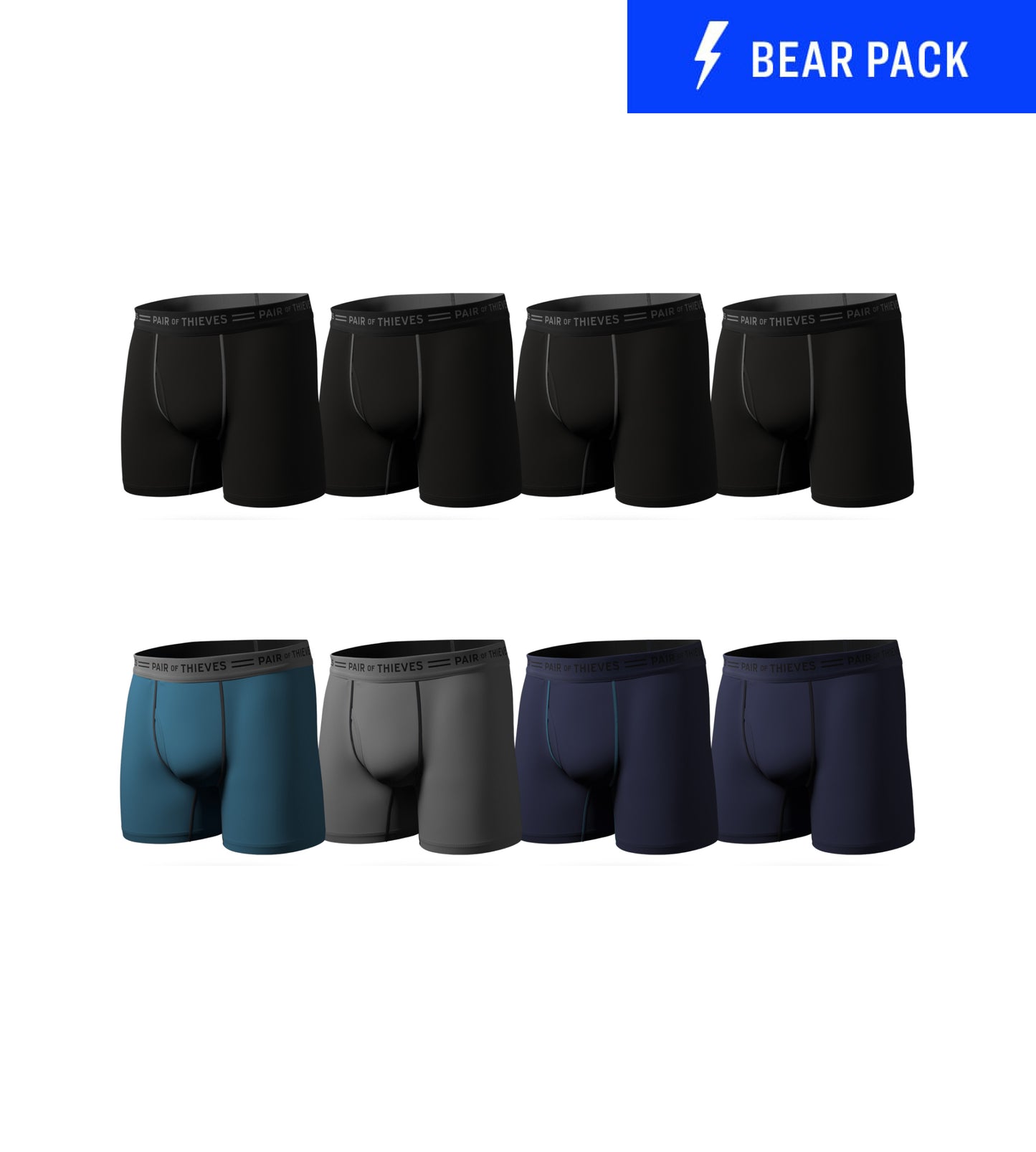 Every Day Kit Boxer Brief Bear Pack (8-pack) containing the colors Black, Blue, Dim gray, Black, Dark slate gray, Light steel blue, Dark slate gray, Dim gray, Dark slate gray