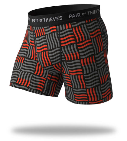SuperFit Boxer Briefs, red and grey wavy lines with grey logo on black waistband