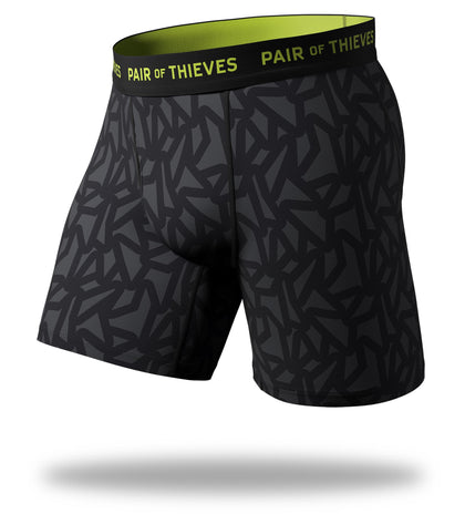 SuperFit Long Boxer Briefs, black geometric line design on grey with lime green logo on black waistband