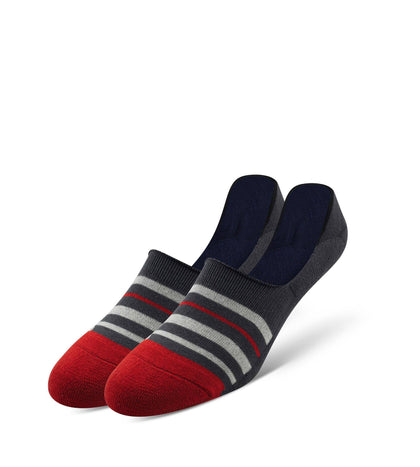 Cushion No Show Socks 3 Pack, light grey and red stripes on grey